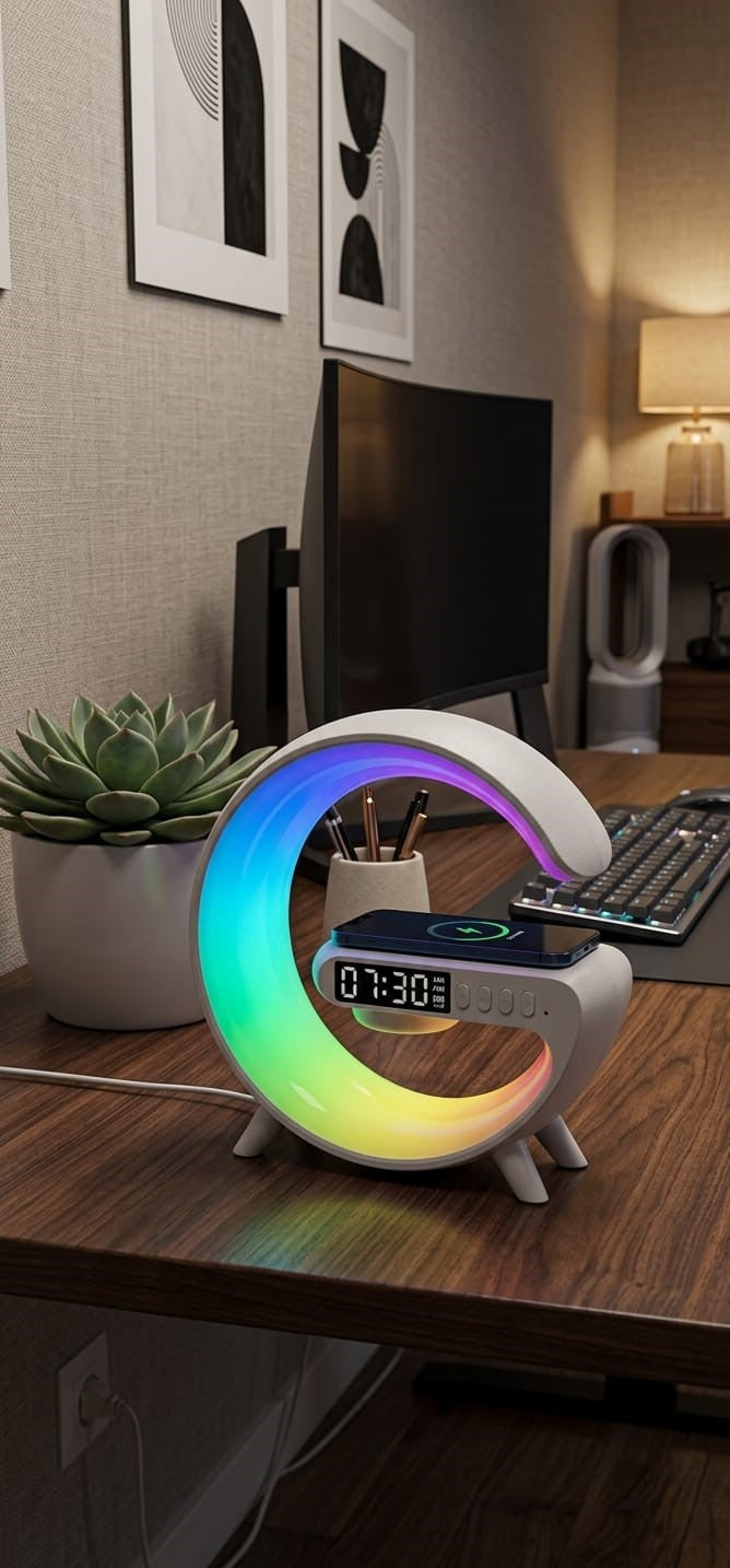 The Aura 3-in-1 Smart G-Lamp | 15W Fast Wireless Charger, Bluetooth Hi-Fi Speaker & RGB Mood Lighting